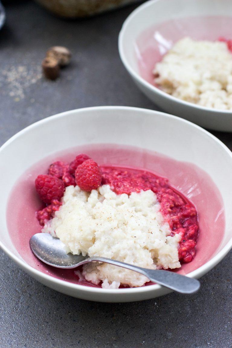 Rice Pudding w/ Raspberry Coulis - Little Green Spoon